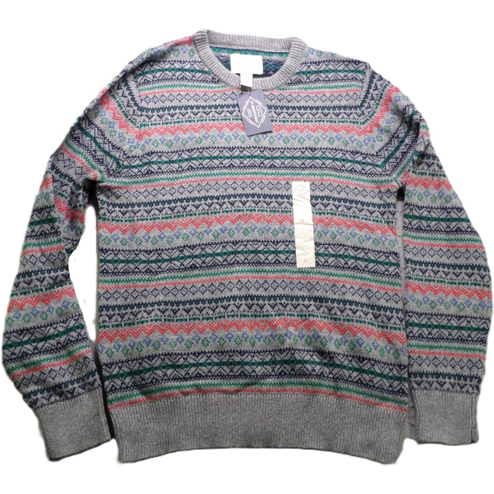 NWT St. John's Bay Fair Isle Crewneck Sweater Knit Cotton Blend Men Gray Large L
